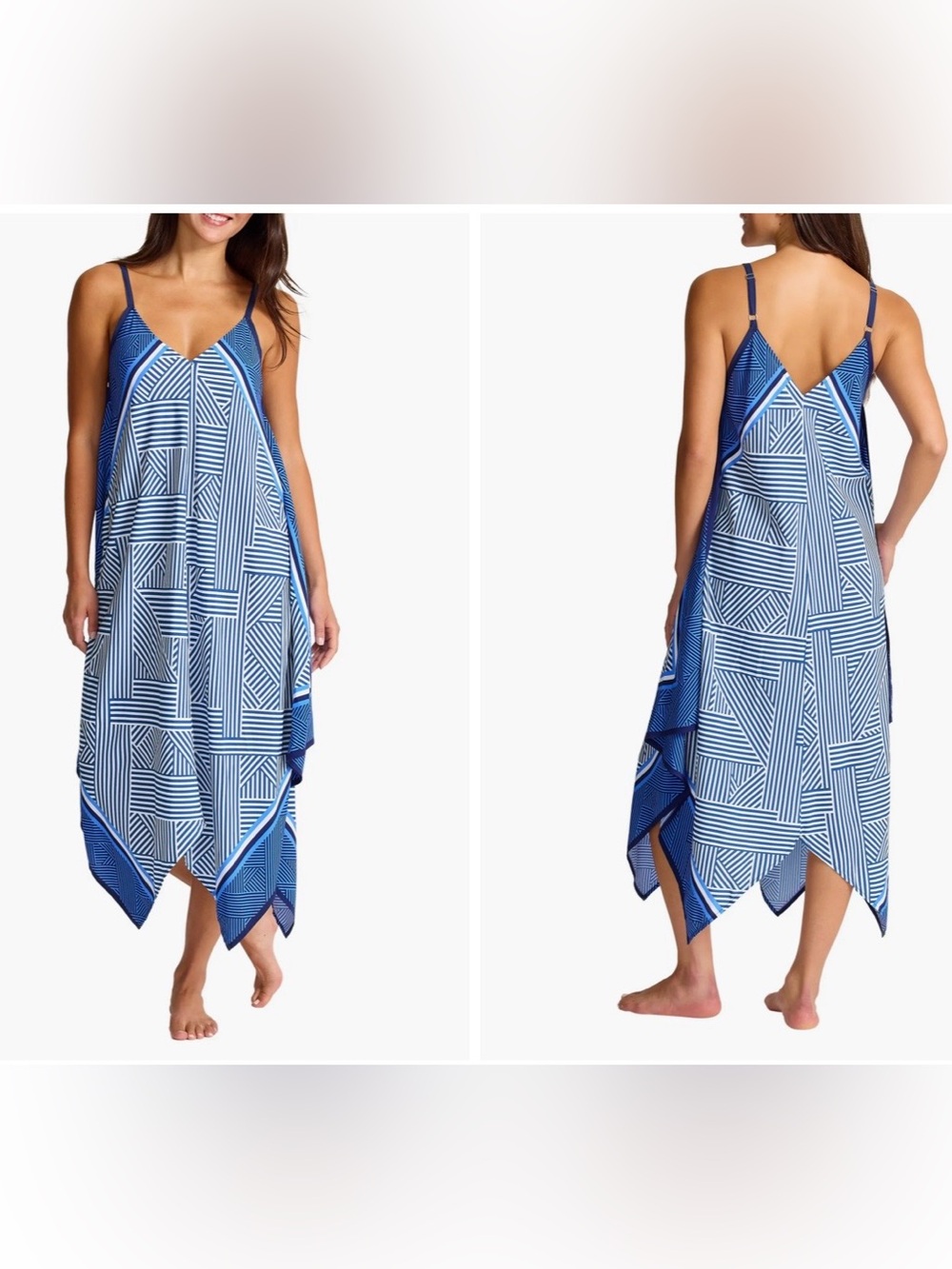 Tommy Bahama Blue and White Geometric Handkerchief Hem Swim Cover-Up Dress